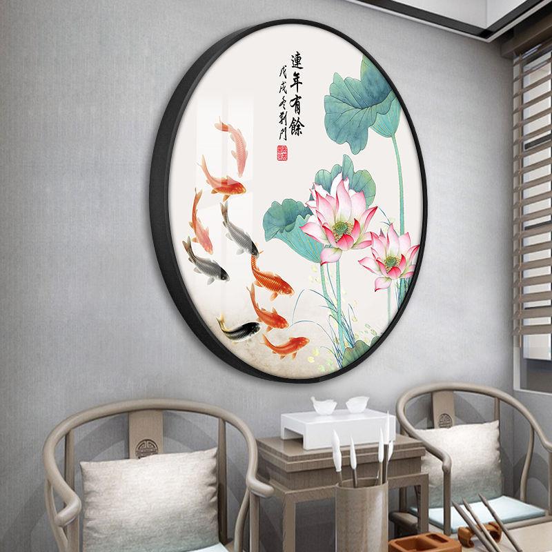 新中式店圆玄关酒走廊形过九鱼图寓意好进道门挂画锦MH13鲤装饰画