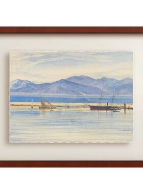 静ht0671海》蓝色水彩装风景南法风画复古式艺术客厅饰画法餐厅玄