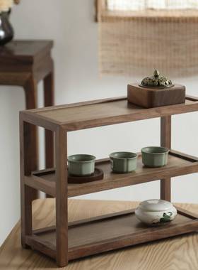 黑胡10147桃架桌面置物室小型三层新中式实木茶客摆厅件木盘收纳