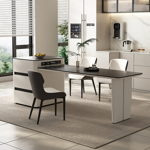 零度火岩板岛台餐桌一体家用可伸缩奶油风餐厅导台小户型带电磁炉