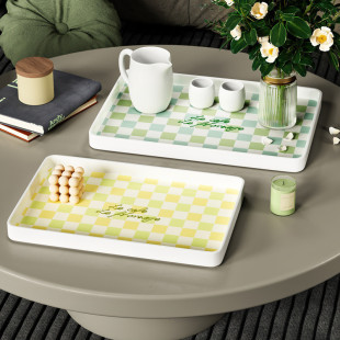 风家用桌面收纳 棋盘格托盘茶盘轻奢甜品盘子高颜值密胺长方形ins