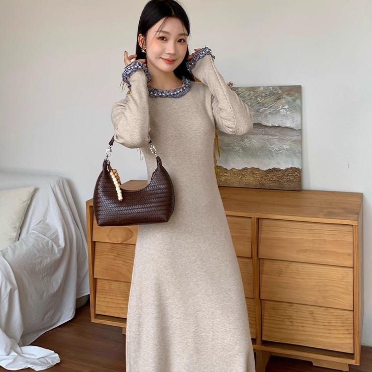 法式轻奢秋冬蝴蝶结针织连衣裙