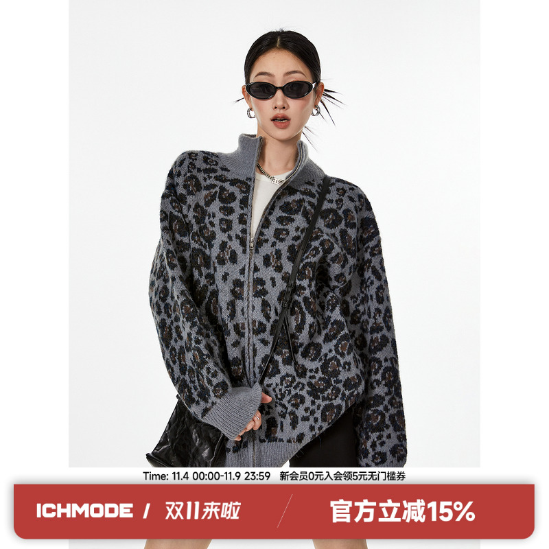 ICH MODE豹纹小众软糯复古美式针织外套春季2025新款慵懒风毛衣女