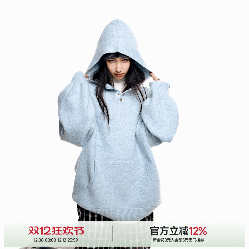 ICH MODE纽扣连帽高级质感毛衣女秋冬慵懒风美式宽松针织外套上衣