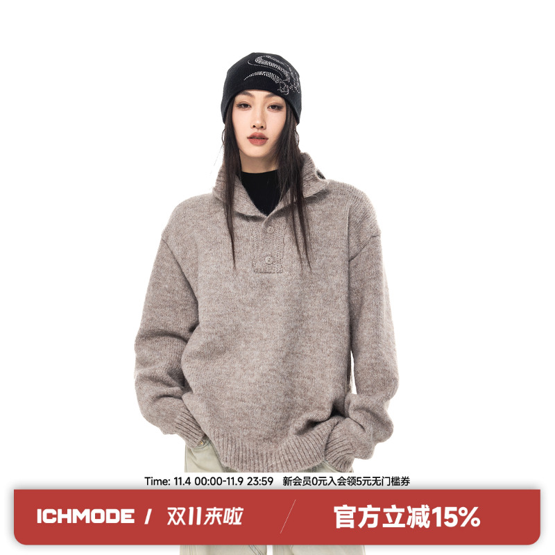 ICH MODE纯色Polo领慵懒风毛衣秋冬宽松休闲美式复古长袖针织上衣