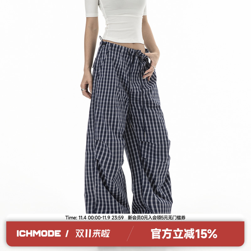 ICH MODE蓝色格子宽松休闲直筒长裤女运动休闲阔腿垂感工装伞兵裤