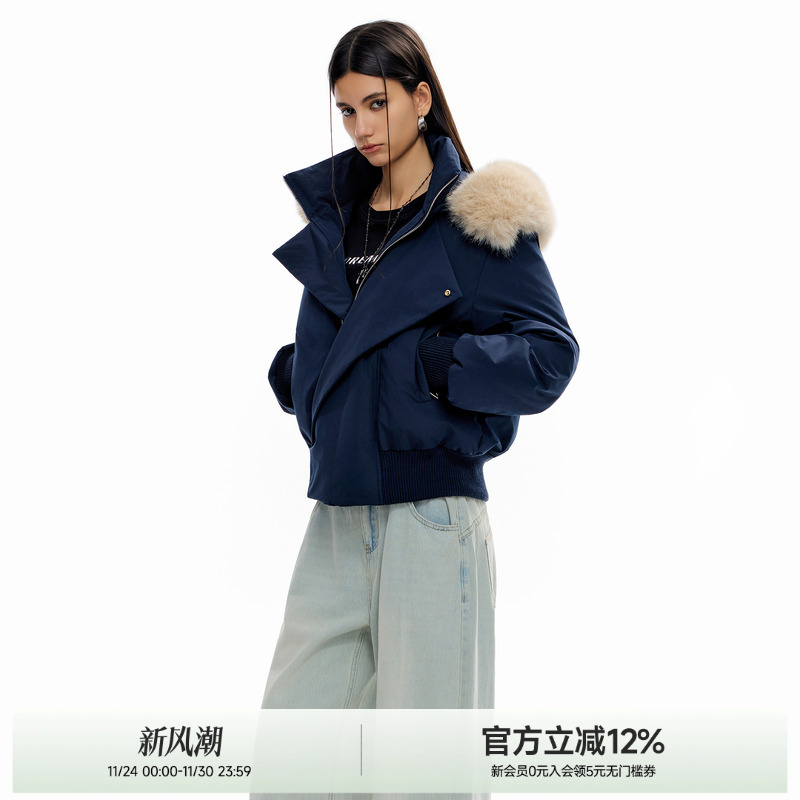 ICH MODE美式毛领连帽短款棉服女2025冬季新款加厚修身棉衣外套
