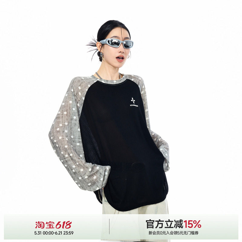 ICH MODE撞色波点物理防晒罩衫女夏季插肩袖薄纱上衣轻薄长袖T恤