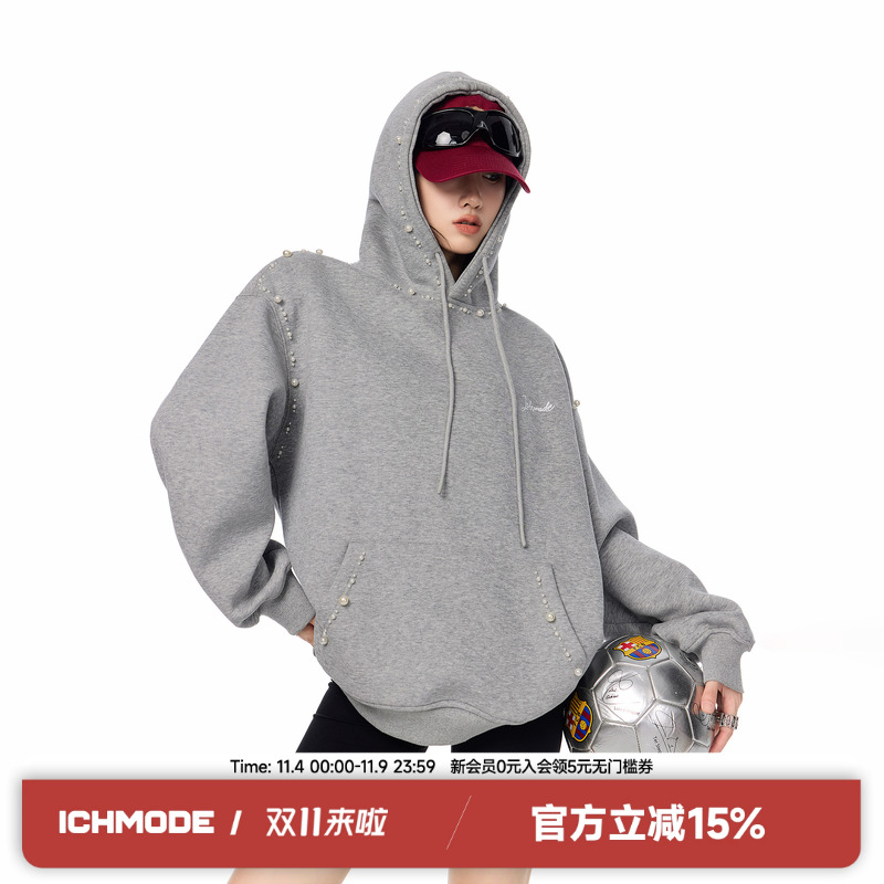 ICH MODE 珍珠灰色连帽卫衣女2025新款美式秋冬休闲宽松外套上衣