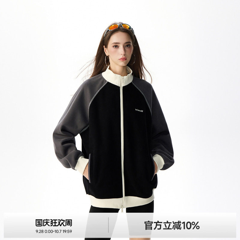 美式撞色插肩袖立领卫衣外套图片