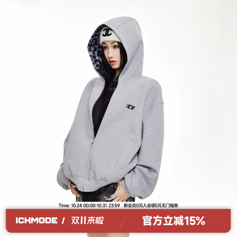 ICH MODE 豹纹拼接美式复古连帽外套女秋冬新款开衫卫衣运动上衣