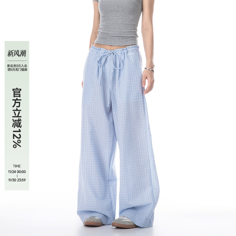 ICH MODE复古休闲宽松格子裤女运动美式街头夏季百搭直筒阔腿长裤