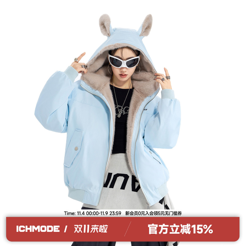 ICH MODE耳朵潮酷设计感棉衣外套女小众冬季美式复古加厚棉服开衫