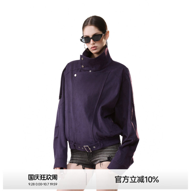 美式麂皮结构翻领皮衣外套女图片