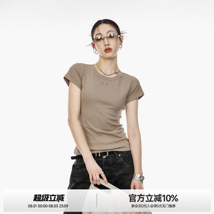 ICH MODE正肩圆领修身短袖上衣女夏季美式复古短款甜酷打底T恤女