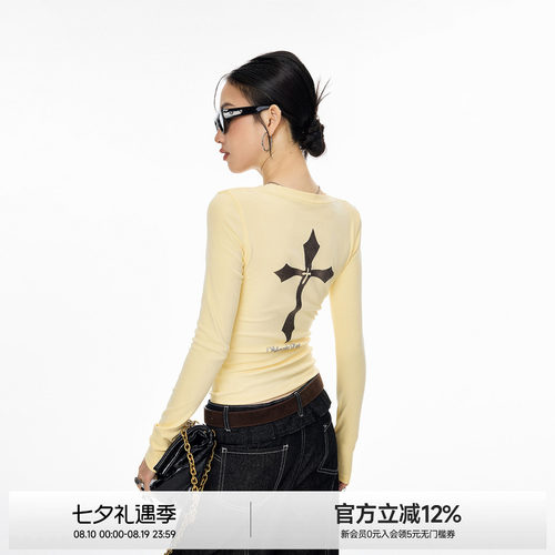 ICH MODE十字印花美式潮流圆领长袖T恤女秋新款复古修身甜酷上衣