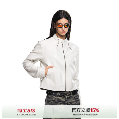 ICH MODE机车短款酷飒美式高街皮衣外套女秋季复古百搭设计感夹克