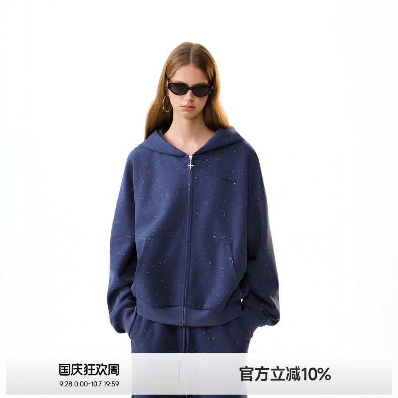 满印细闪连帽外套女运动套装图片