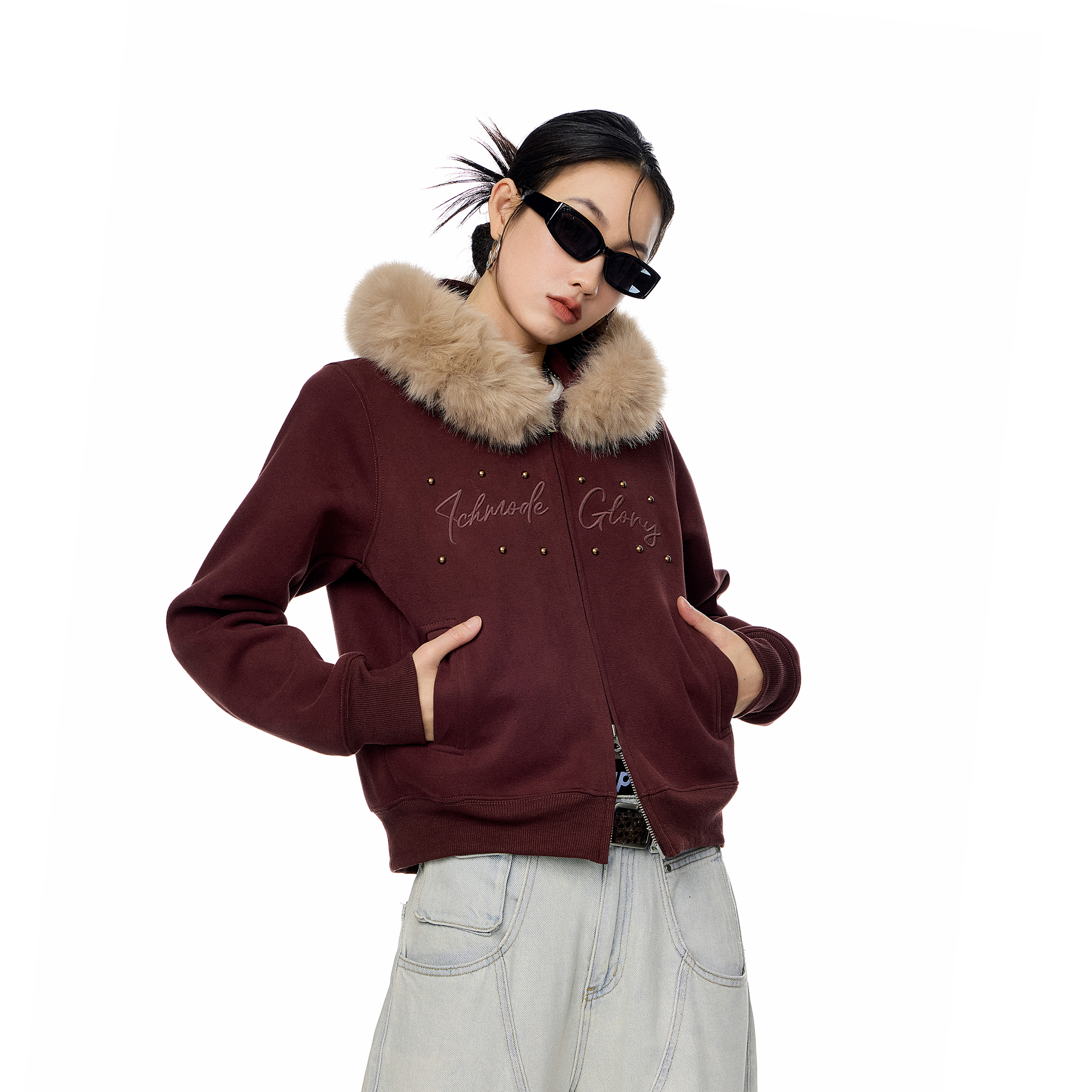 ICH MODE高级质感短款甜酷珍珠毛领外套女秋新款美式连帽休闲卫衣