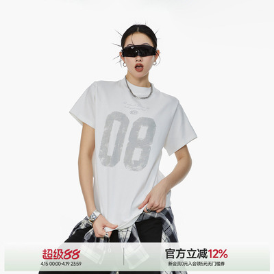 ICH MODE正肩甜酷美式圆领上衣夏季休闲复古百搭重磅字母短袖T恤