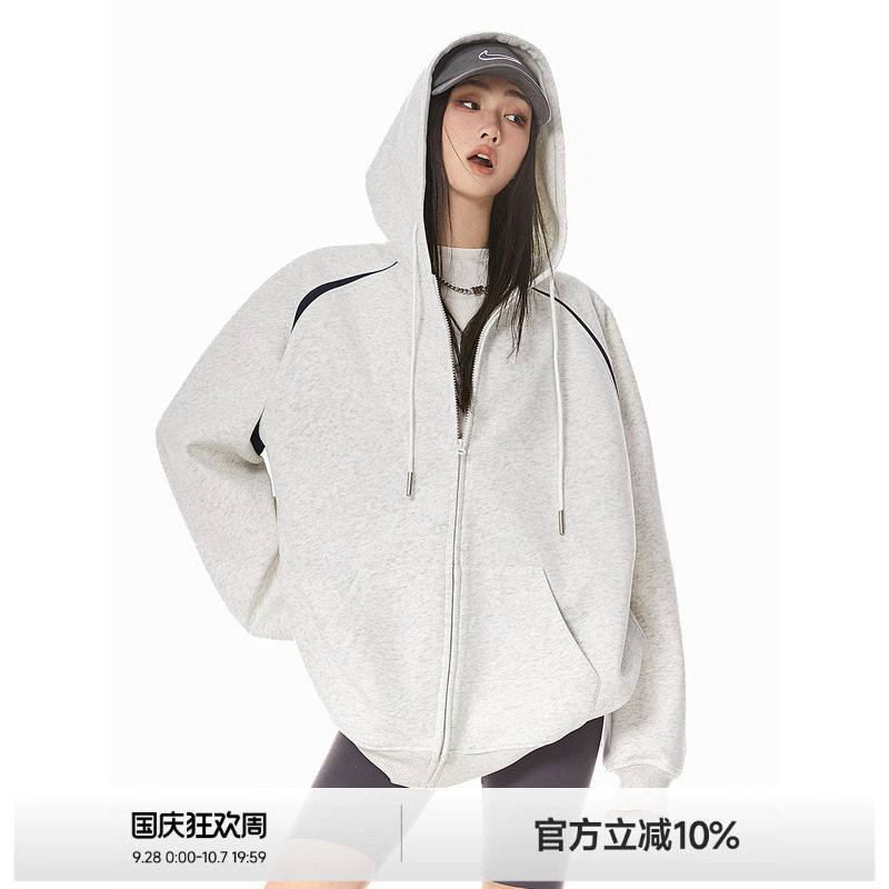 ICH MODE秋季新款美式宽松潮酷连帽基础百搭经典运动开衫卫衣外套图片