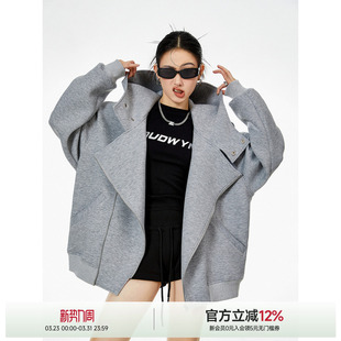 复古连帽外套 斜拉链小众复古卫衣宽松美式 ICH MODE高冷灰解构开衫