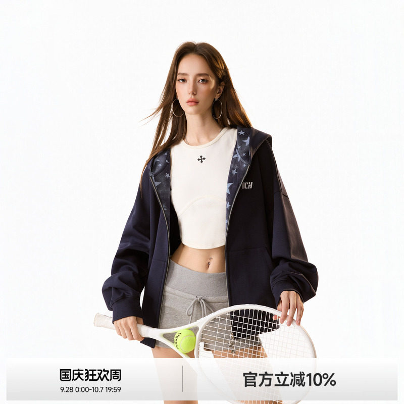 美式星星拼接连帽卫衣外套女图片