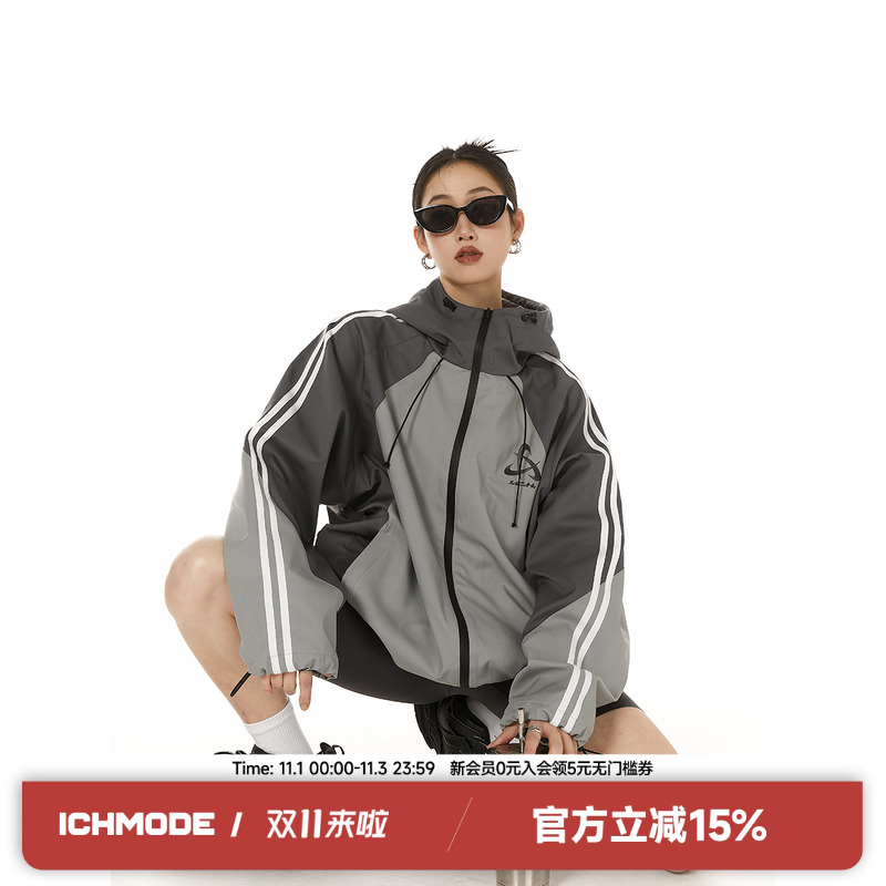 ICH MODE潮流美式撞色连帽冲锋衣春季休闲户外防风美式条纹外套女