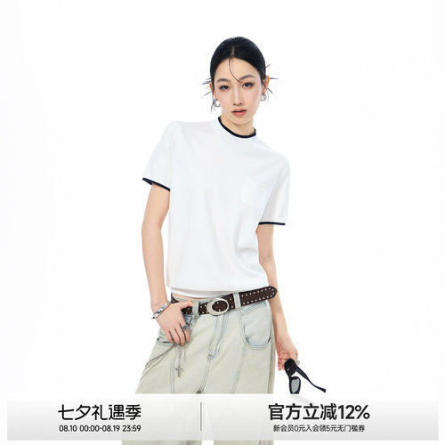撞色领针织短袖T恤女夏季
