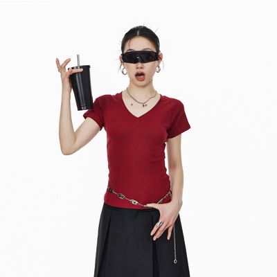 ICH MODE修身美式V领显瘦短袖T恤百搭复古纯色甜酷夏季打底上衣女