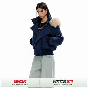 ICH MODE美式毛领连帽短款棉服女冬季新款加厚棉袄修身棉衣外套