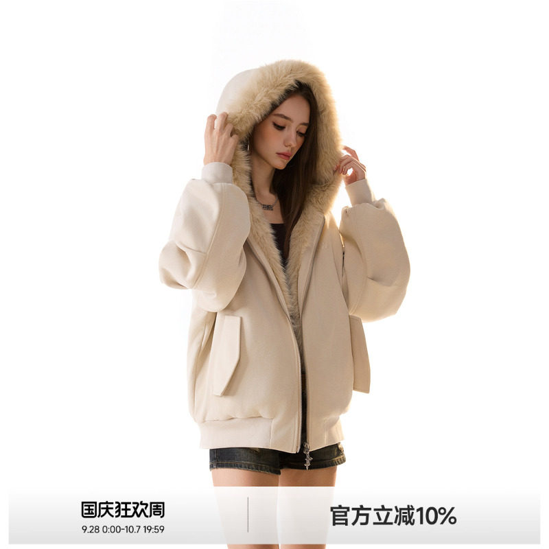 美式座山雕毛领连帽棉服图片