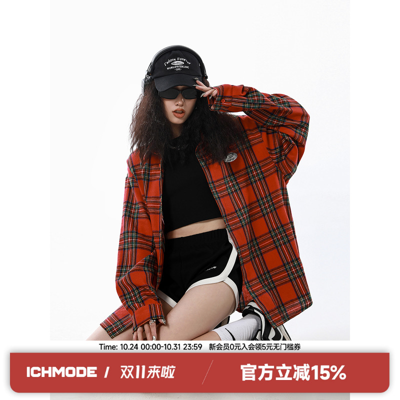ICH MODE设计感日系百搭宽松春季长袖外套撞色格子慵懒潮牌衬衫女