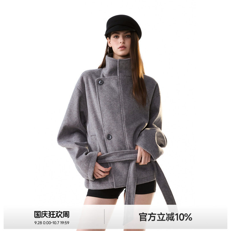 美式立领斜门襟毛呢外套女图片