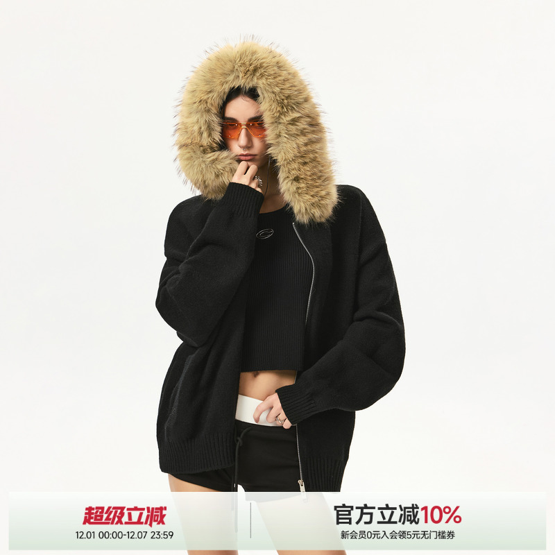 ICH MODE可拆卸毛领慵懒风宽松复古美式针织衫外套高街百搭毛衣女