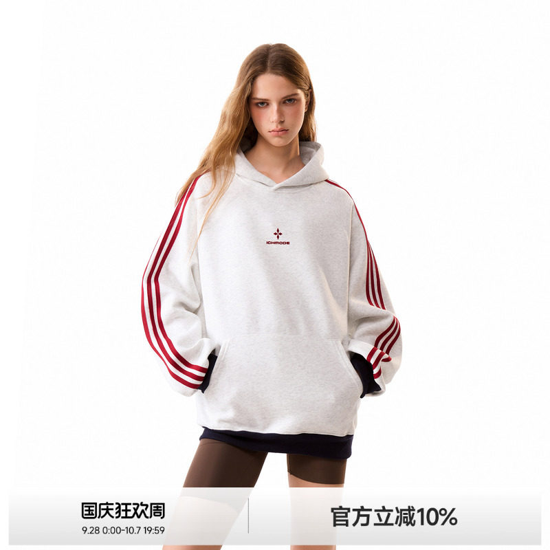 美式三条杠撞色连帽卫衣女图片