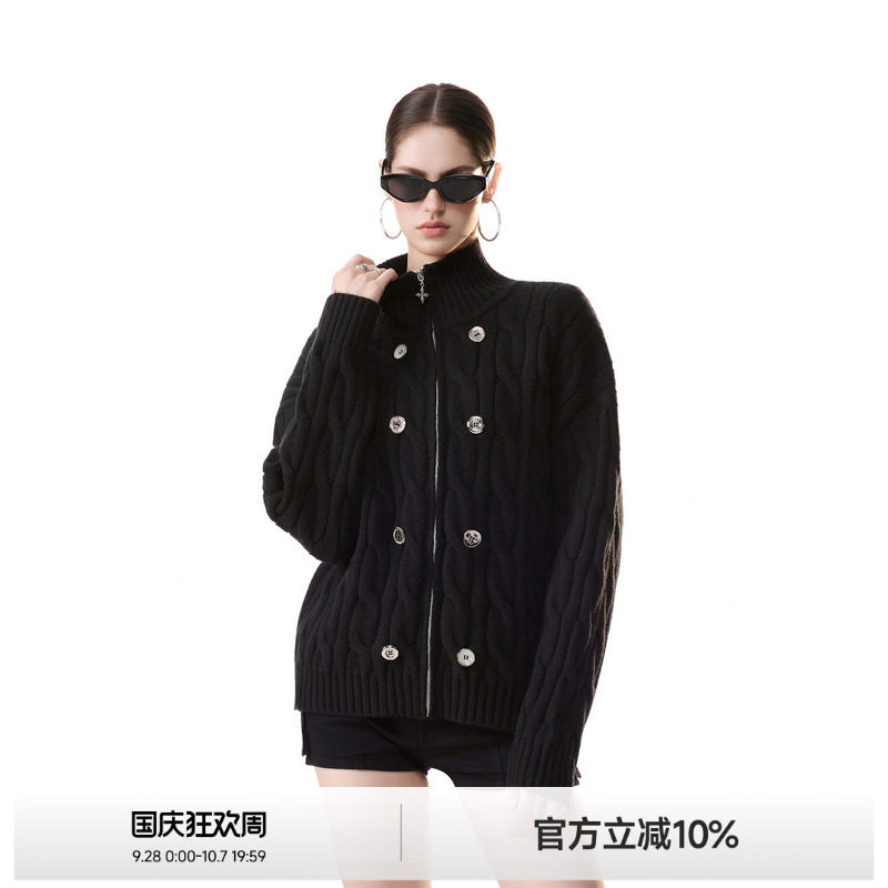 纽扣坑条立领针织衫女图片