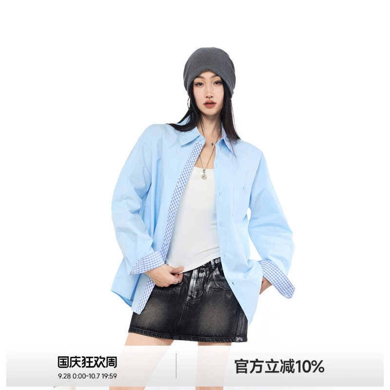 格子拼接蓝色衬衫女2026春季图片