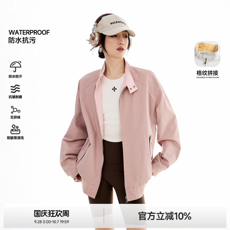 美式格纹拼接防水外套女图片