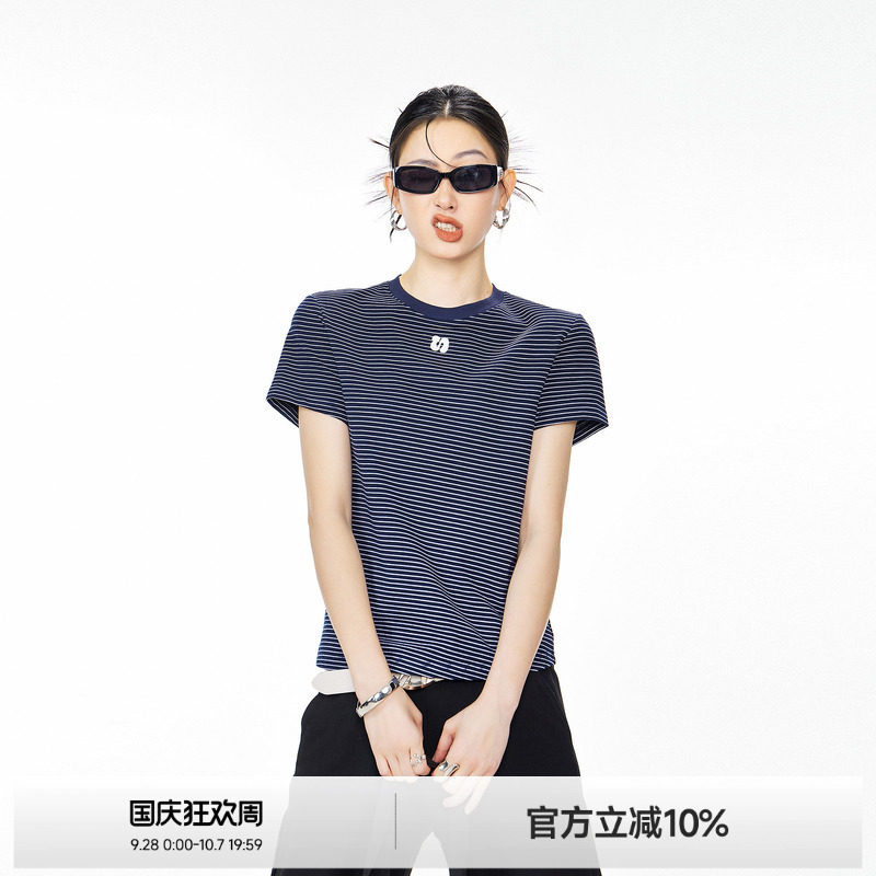 ICH MODE简约美式复古条纹夏季T恤女正肩显瘦百搭休闲夏新款短袖图片