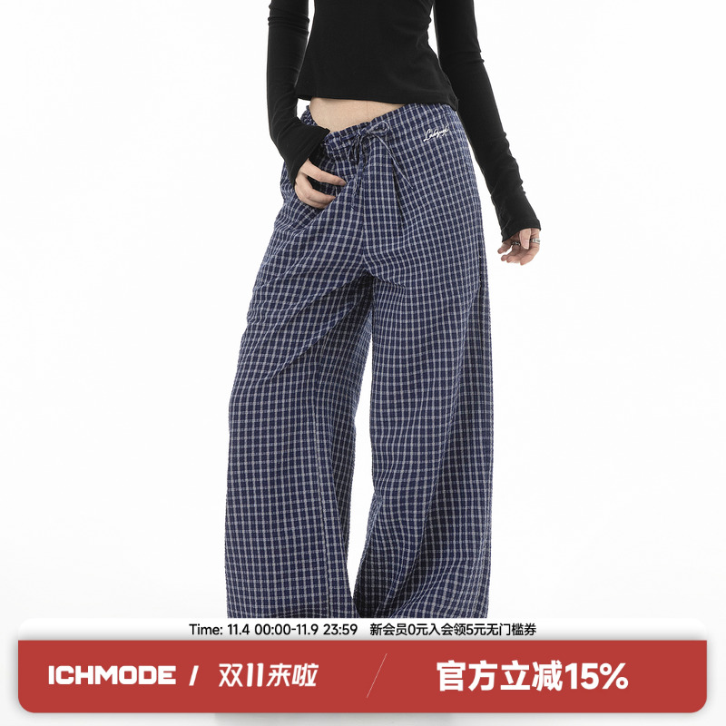 ICH MODE格子休闲长裤女美式复古垂感街头甜酷秋季新款休闲直筒裤