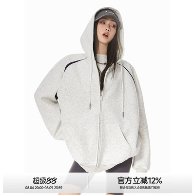 ICH MODE秋季新款美式宽松潮酷连帽基础百搭经典运动开衫卫衣外套