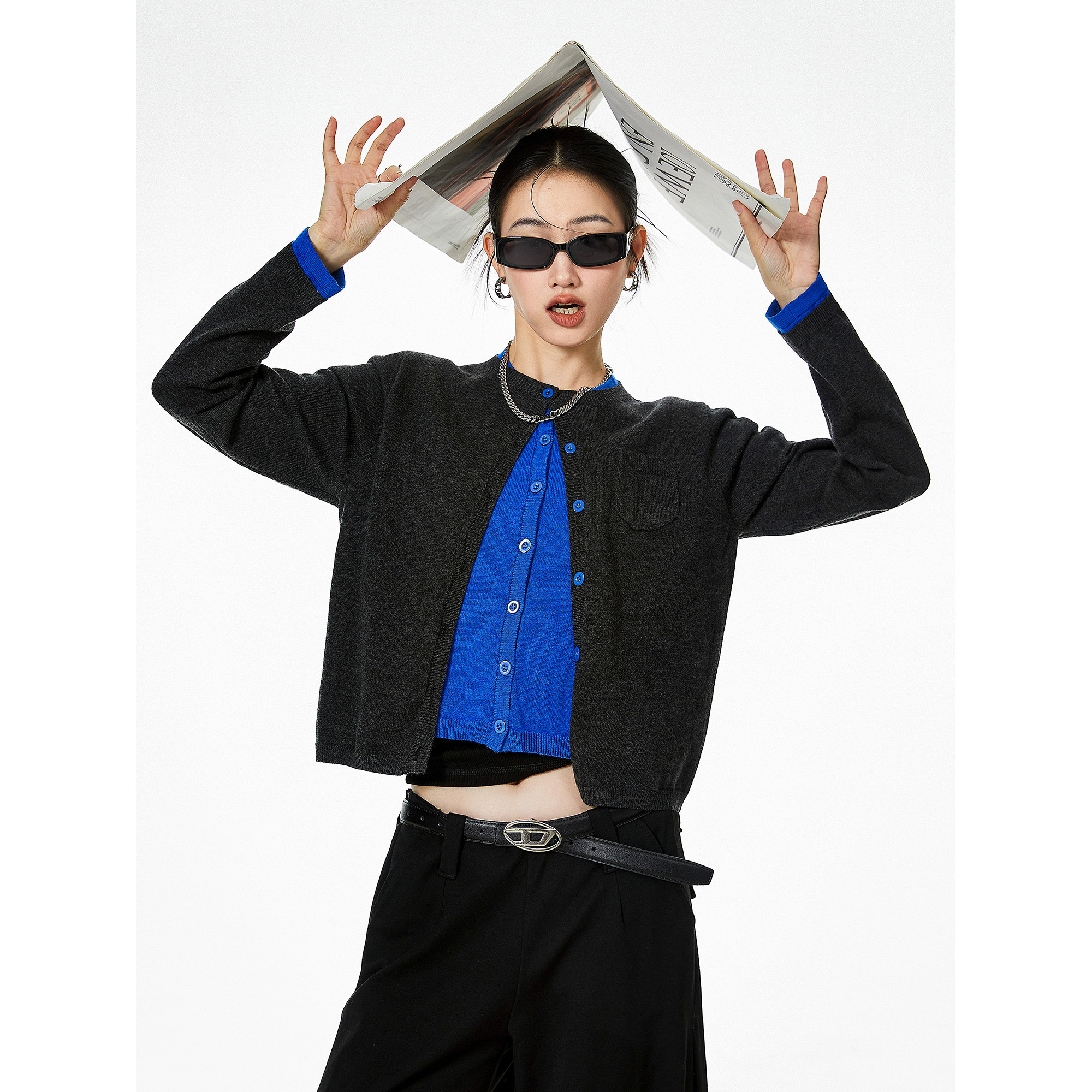 ICH MODE短款修身显瘦开衫毛衣女美式假两件针织秋冬款毛衣底衫