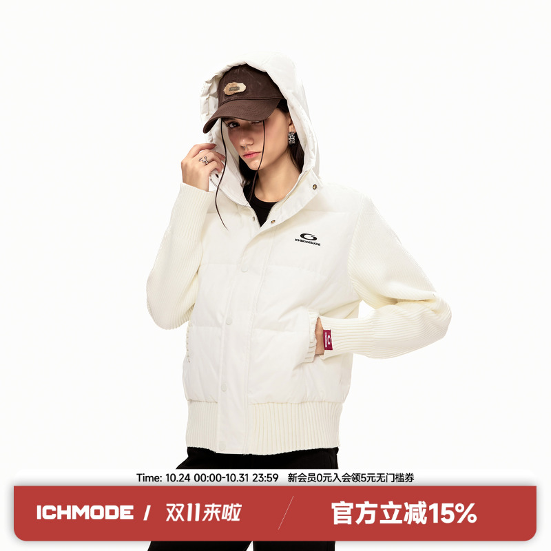 ICH MODE针织拼接设计感棉服女显瘦甜酷2025新款冬季保暖棉衣外套
