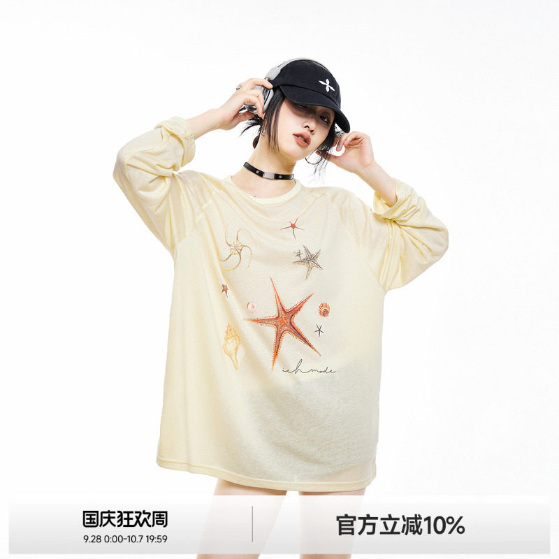 ICH MODE夏日海星设计感轻薄黄色长袖罩衫慵懒风休闲美式复古T恤图片