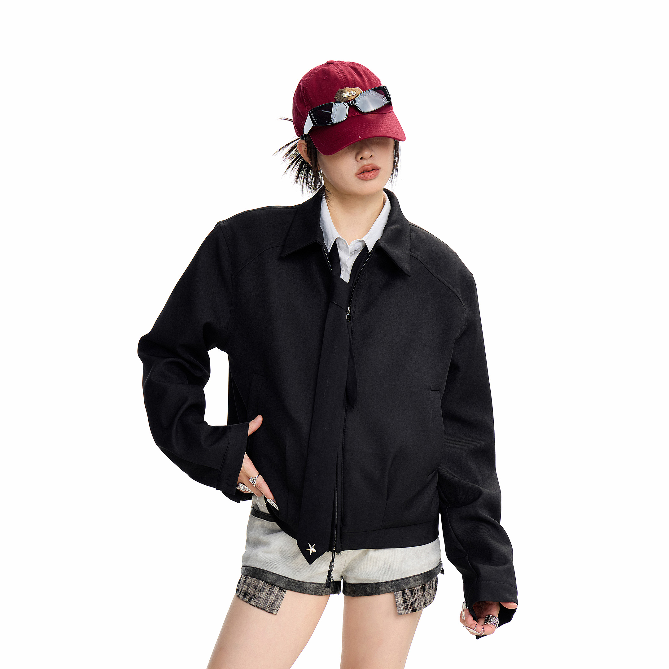 ICH MODE短款宽松拉链美式复古夹克女高街潮流设计感百搭西装外套