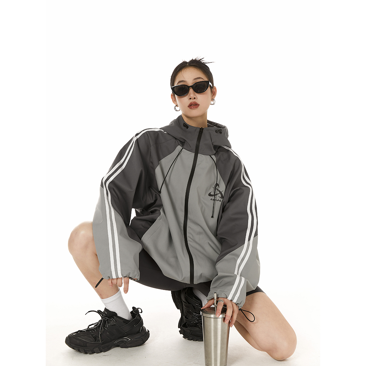 ICH MODE潮流美式撞色连帽冲锋衣春季休闲户外防风美式条纹外套女