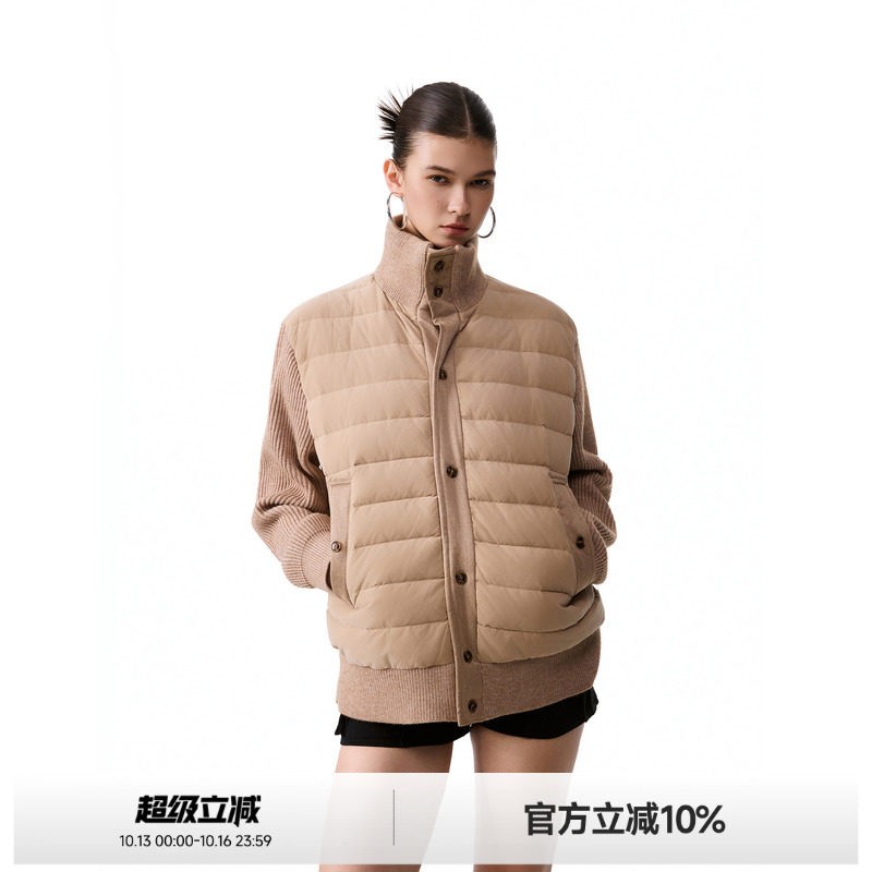 ICHMODE 90白鸭绒针织拼接立领排骨羽绒服女冬季新款保暖防风外套