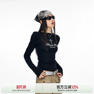复古修身 ICH T恤女秋新款 潮流圆领长袖 甜酷上衣 MODE十字印花美式