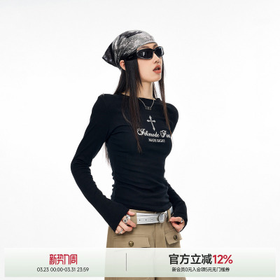 ICH MODE十字印花美式潮流圆领长袖T恤女秋新款复古修身甜酷上衣